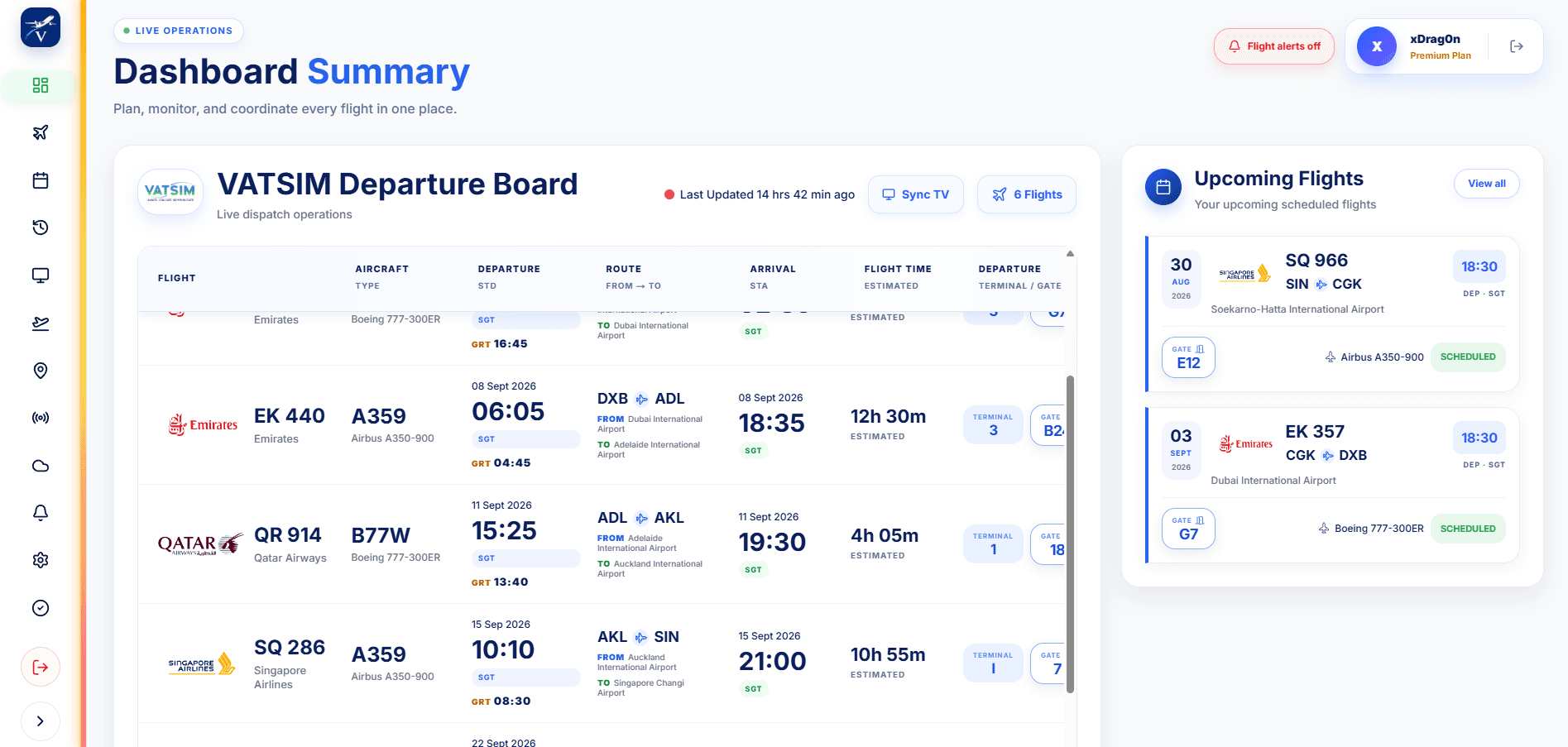 vScheduler virtual airline dashboard summary