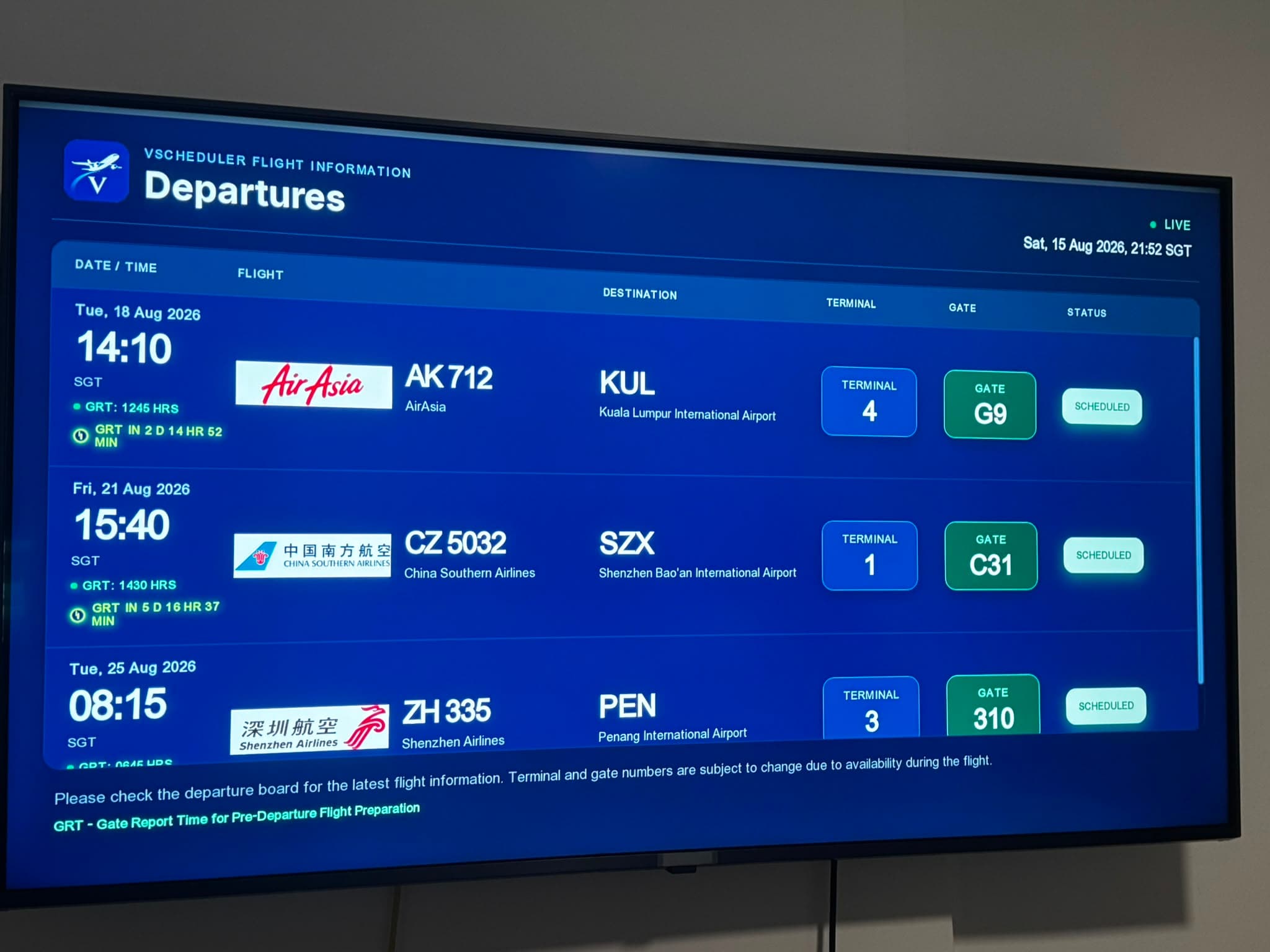 vScheduler live virtual airline FIDS departure board