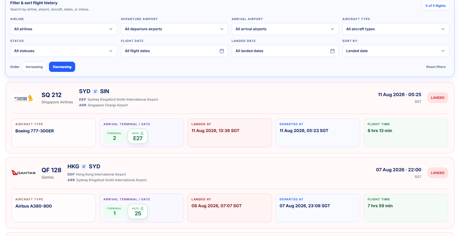 vScheduler flight history board